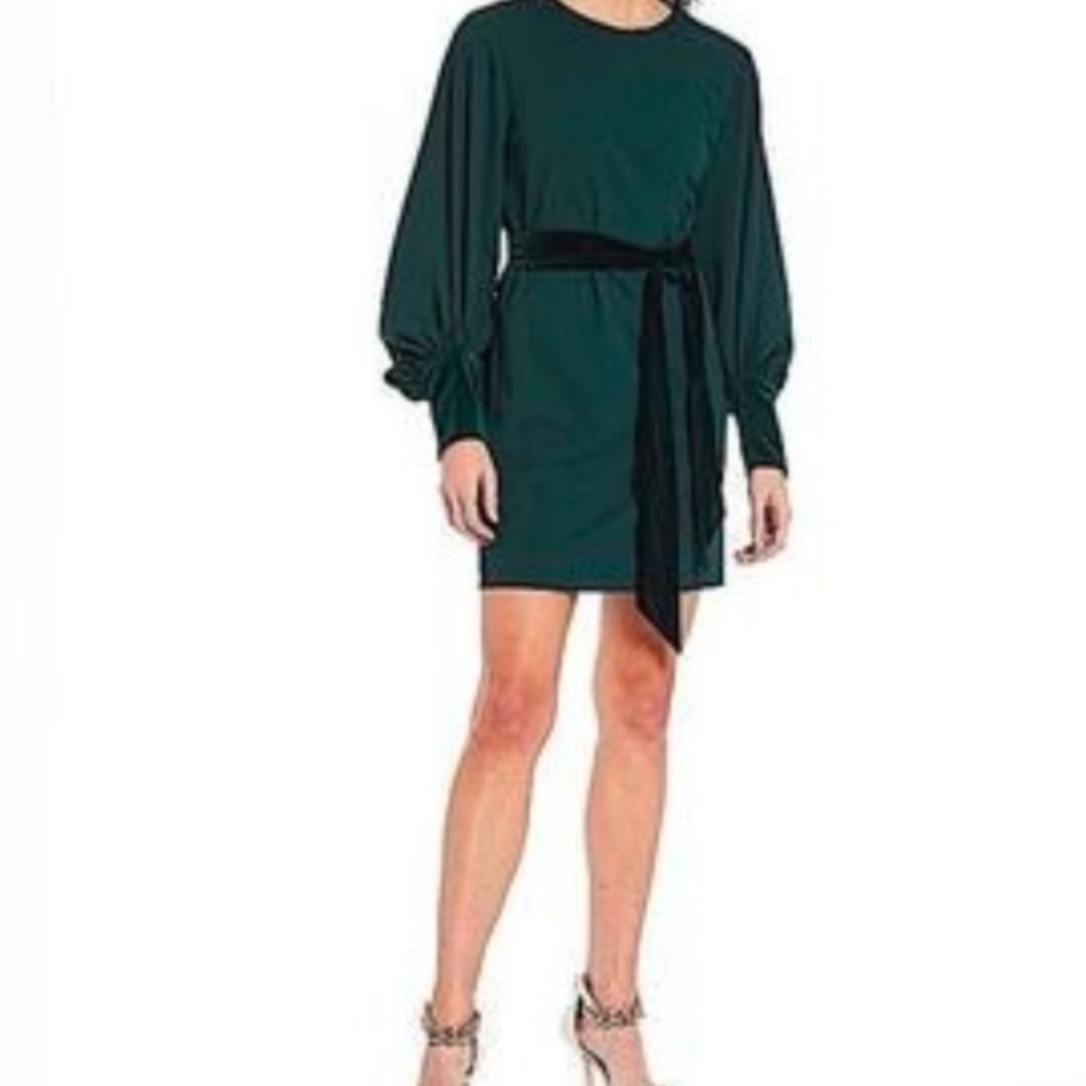 BELLE BADGLEY MISCHKA VELVET CUFFS BELT DRESS STRETCH GREEN